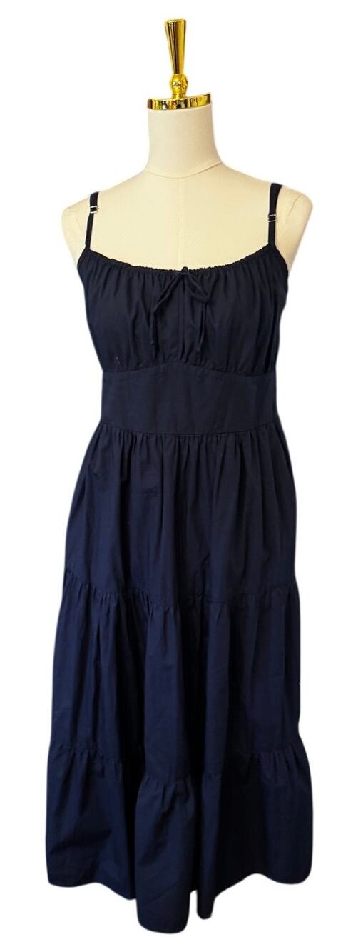 Faithfull the Brand Maxi Dress Navy Cotton Smocked Tiered Midi Dress US 8